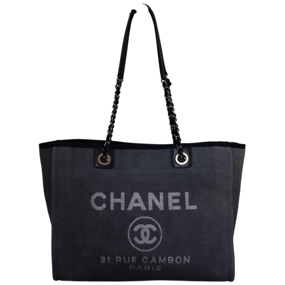 Chanel Deauville Tote Bag Denim Slate Blue Canvas Navy Trim Silver Hardware - Picture 3 of 16
